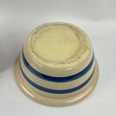 K196 Antique French Wooden Mortar & Pestle With Blue Band Pottery Mixing Bowl