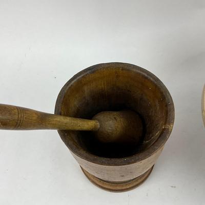 K196 Antique French Wooden Mortar & Pestle With Blue Band Pottery Mixing Bowl
