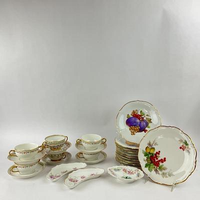 K198 Set Of Limoge Porcelain Fruit Plates And Bouillon Cups
