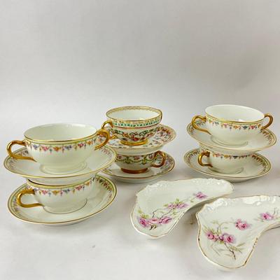 K198 Set Of Limoge Porcelain Fruit Plates And Bouillon Cups
