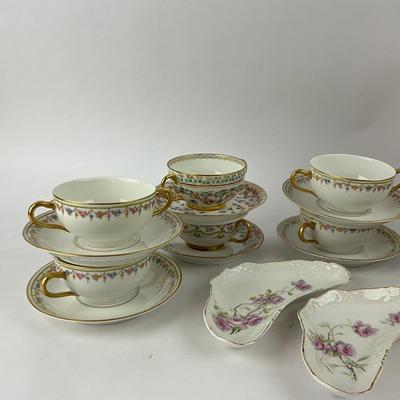 K198 Set Of Limoge Porcelain Fruit Plates And Bouillon Cups