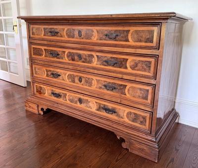 Sale Photo Thumbnail #3: Early 19th Century Italian Walnut Inlaid Oversized Chest of Drawers
64" x 27"x 43.5"
In great antique condition. Some wood "splitting" down each side and on top consistent with age not "damage".