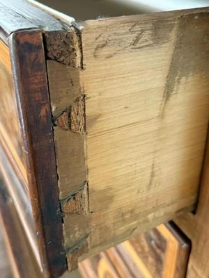 Sale Photo Thumbnail #6: Early 19th Century Italian Walnut Inlaid Oversized Chest of Drawers
64" x 27"x 43.5"
In great antique condition. Some wood "splitting" down each side and on top consistent with age not "damage".