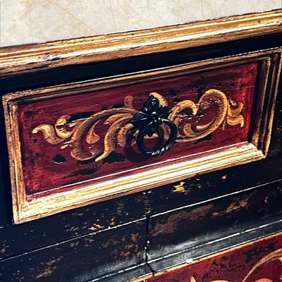 Sale Photo Thumbnail #363: Cabinet/Sideboard  in the Master Bedroom 40" W x 13" D x 39"H
Double door cabinet with shelf inside and 3 upper drawers. The front of the cabinet is accented with a cast iron piece mounted on the door face. Very unique piece!