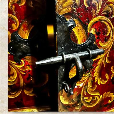 Sale Photo Thumbnail #365: Cabinet/Sideboard  in the Master Bedroom 40" W x 13" D x 39"H
Double door cabinet with shelf inside and 3 upper drawers. The front of the cabinet is accented with a cast iron piece mounted on the door face. Very unique piece!