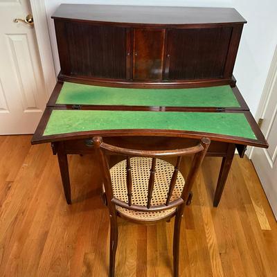B225 Vintage Hepplewhite-Style Mahogany Tambour Door Secretary Writing Desk With Thonet Bentwood Bistro Cane Seat Chair