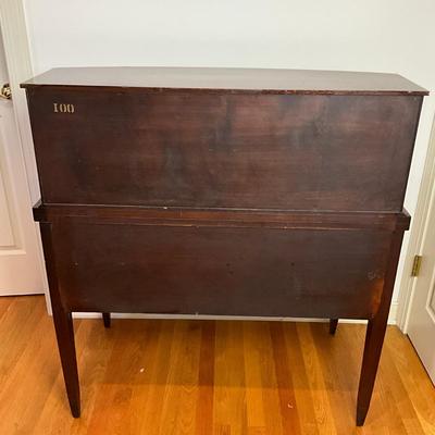 B225 Vintage Hepplewhite-Style Mahogany Tambour Door Secretary Writing Desk With Thonet Bentwood Bistro Cane Seat Chair