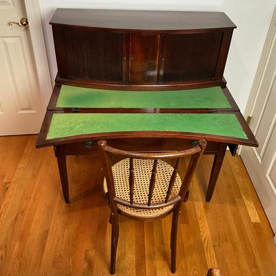 B225 Vintage Hepplewhite-Style Mahogany Tambour Door Secretary Writing Desk With Thonet Bentwood Bistro Cane Seat Chair