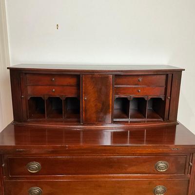 B225 Vintage Hepplewhite-Style Mahogany Tambour Door Secretary Writing Desk With Thonet Bentwood Bistro Cane Seat Chair