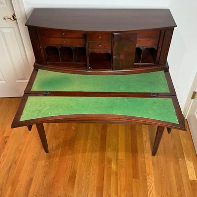 B225 Vintage Hepplewhite-Style Mahogany Tambour Door Secretary Writing Desk With Thonet Bentwood Bistro Cane Seat Chair