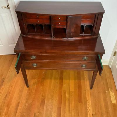 B225 Vintage Hepplewhite-Style Mahogany Tambour Door Secretary Writing Desk With Thonet Bentwood Bistro Cane Seat Chair