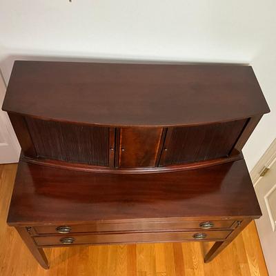 B225 Vintage Hepplewhite-Style Mahogany Tambour Door Secretary Writing Desk With Thonet Bentwood Bistro Cane Seat Chair