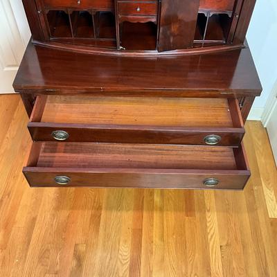 B225 Vintage Hepplewhite-Style Mahogany Tambour Door Secretary Writing Desk With Thonet Bentwood Bistro Cane Seat Chair
