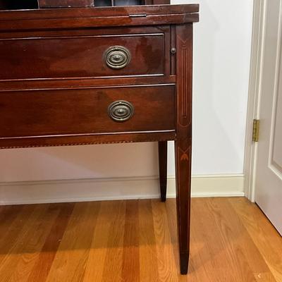 B225 Vintage Hepplewhite-Style Mahogany Tambour Door Secretary Writing Desk With Thonet Bentwood Bistro Cane Seat Chair