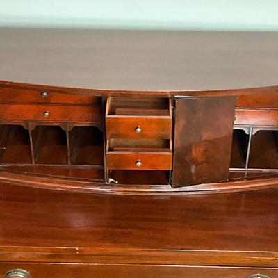 B225 Vintage Hepplewhite-Style Mahogany Tambour Door Secretary Writing Desk With Thonet Bentwood Bistro Cane Seat Chair