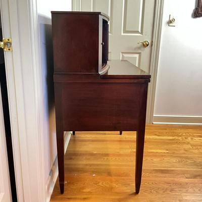 B225 Vintage Hepplewhite-Style Mahogany Tambour Door Secretary Writing Desk With Thonet Bentwood Bistro Cane Seat Chair