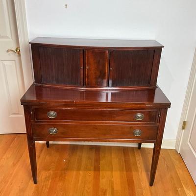 B225 Vintage Hepplewhite-Style Mahogany Tambour Door Secretary Writing Desk With Thonet Bentwood Bistro Cane Seat Chair