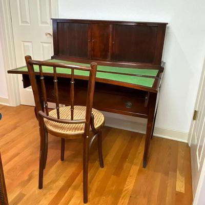 B225 Vintage Hepplewhite-Style Mahogany Tambour Door Secretary Writing Desk With Thonet Bentwood Bistro Cane Seat Chair