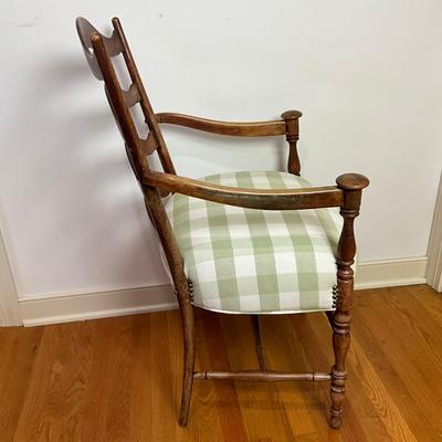 B227 Antique Rush Seat Stool & Ladder Back Arm Chair With Green & White Gingham Cushion