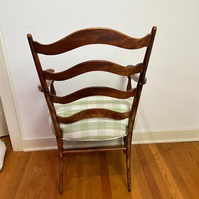 B227 Antique Rush Seat Stool & Ladder Back Arm Chair With Green & White Gingham Cushion