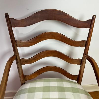 B227 Antique Rush Seat Stool & Ladder Back Arm Chair With Green & White Gingham Cushion