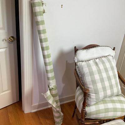 B227 Antique Rush Seat Stool & Ladder Back Arm Chair With Green & White Gingham Cushion