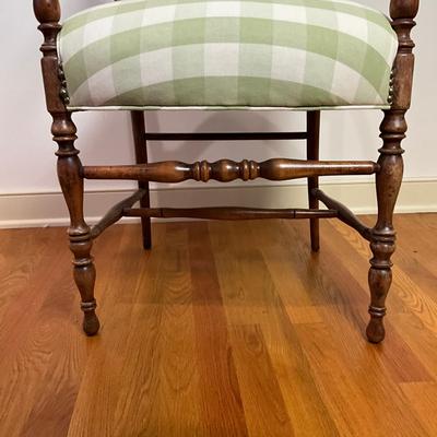 B227 Antique Rush Seat Stool & Ladder Back Arm Chair With Green & White Gingham Cushion