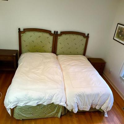 B233 Pair Of French Upholstered Twin Beds With Matching Bed Sheets