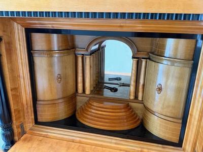 Sale Photo Thumbnail #12: Mid 19th Century Karl Johan Style Biedermeier Style Wood Secretaire Abattant or Drop Front Secretary Writing Desk with multiple drawers & compartments. Light colored wood with black accents. Austria. 1815-1848. Cross between Art Deco and Post Modern.
Appr