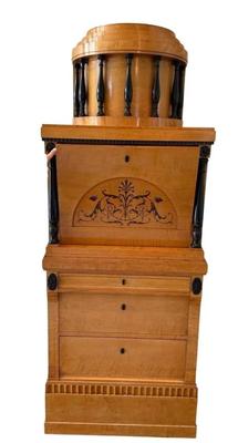 Sale Photo Thumbnail #9: Mid 19th Century Karl Johan Style Biedermeier Style Wood Secretaire Abattant or Drop Front Secretary Writing Desk with multiple drawers & compartments. Light colored wood with black accents. Austria. 1815-1848. Cross between Art Deco and Post Modern.
Appr