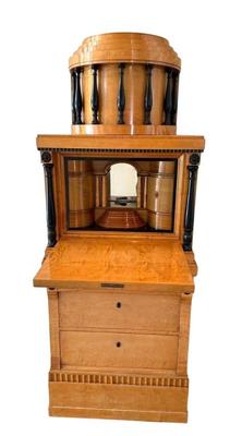 Sale Photo Thumbnail #8: Mid 19th Century Karl Johan Style Biedermeier Style Wood Secretaire Abattant or Drop Front Secretary Writing Desk with multiple drawers & compartments. Light colored wood with black accents. Austria. 1815-1848. Cross between Art Deco and Post Modern.
Appr