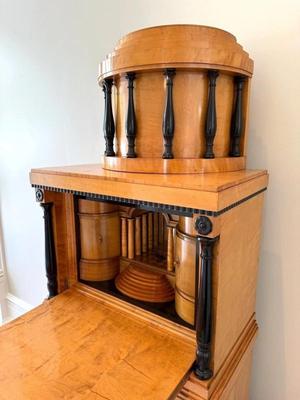 Sale Photo Thumbnail #11: Mid 19th Century Karl Johan Style Biedermeier Style Wood Secretaire Abattant or Drop Front Secretary Writing Desk with multiple drawers & compartments. Light colored wood with black accents. Austria. 1815-1848. Cross between Art Deco and Post Modern.
Appr
