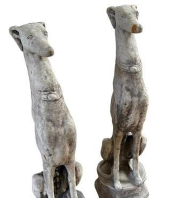 Sale Photo Thumbnail #46: Pair of Cast Concrete Greyhound Whippet Dog Garden Sculptures  9" x 31" Each
In used condition with color variation throughout, marks and nicks