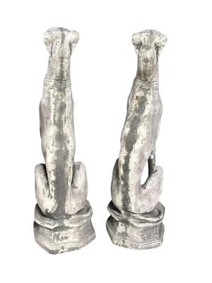 Sale Photo Thumbnail #43: Pair of Cast Concrete Greyhound Whippet Dog Garden Sculptures  9" x 31" Each
In used condition with color variation throughout, marks and nicks