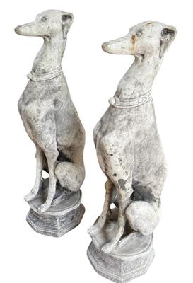 Sale Photo Thumbnail #42: Pair of Cast Concrete Greyhound Whippet Dog Garden Sculptures  9" x 31" Each
In used condition with color variation throughout, marks and nicks