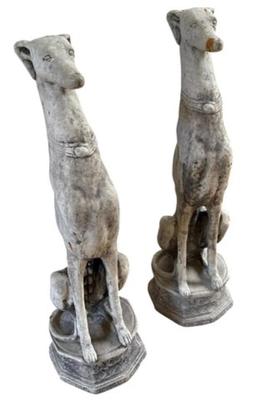 Sale Photo Thumbnail #44: Pair of Cast Concrete Greyhound Whippet Dog Garden Sculptures  9" x 31" Each
In used condition with color variation throughout, marks and nicks