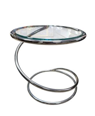 Sale Photo Thumbnail #253: Vintage 1970's Irving M Rosen Classic Pace Swirl Cigarette Accent Drink Table
13.5" x 14.5"
“In great vintage condition with minor marks on the chrome. Glass top could use a good cleaning. The small pieces that protrude to hold the glass in place have s