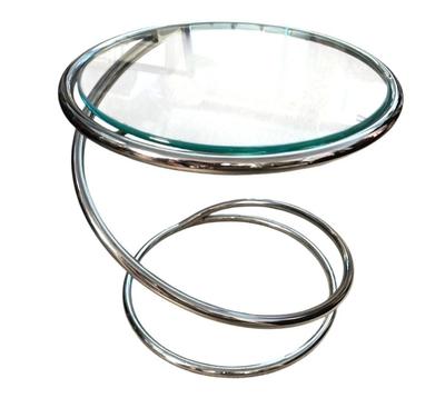 Sale Photo Thumbnail #256: Vintage 1970's Irving M Rosen Classic Pace Swirl Cigarette Accent Drink Table
13.5" x 14.5"
“In great vintage condition with minor marks on the chrome. Glass top could use a good cleaning. The small pieces that protrude to hold the glass in place have s