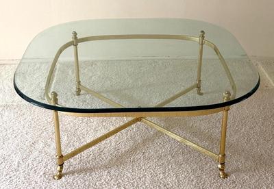 Sale Photo Thumbnail #264: Vintage Hollywood Regency La Barge Style Brass Coffee Table w Glass Top
“In good condition with minor marks on the brass. Glass could use a good cleaning
40" x 40" glass top
27" x 27" x 15" without glass top