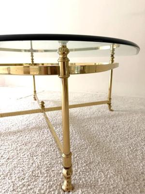 Sale Photo Thumbnail #266: Vintage Hollywood Regency La Barge Style Brass Coffee Table w Glass Top
“In good condition with minor marks on the brass. Glass could use a good cleaning
40" x 40" glass top
27" x 27" x 15" without glass top