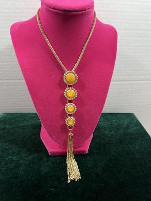 Mustard colored stone tassel necklace