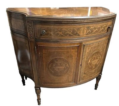 Sale Photo Thumbnail #385: Antique French Louis XV Demilune Commode Chest Cabinet Table w/Key

Condition Notes: In great antique condition with some scratch marks and one leg has a small crack on top and chip in wood. Slight crackling of the wood on the top of the cabinet where the