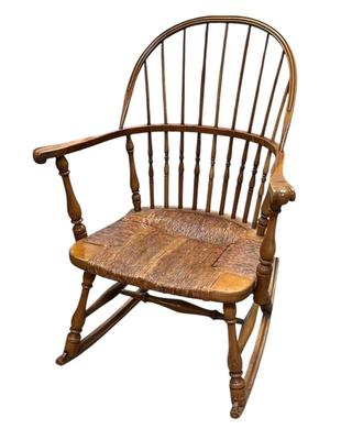Sale Photo Thumbnail #389: Vintage Barnard & Simonds Co Wood Windsor Back Rocking Chair
“In great, sturdy condition with scuff marks allover consistent with age and use. Some dust.”
Approximate Size 22" x 27" (including rocking leg) x 37"
Seat 21" x 18"
Back Height 23.25"
Arm H