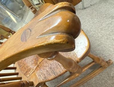 Sale Photo Thumbnail #393: Vintage Barnard & Simonds Co Wood Windsor Back Rocking Chair
“In great, sturdy condition with scuff marks allover consistent with age and use. Some dust.”
Approximate Size 22" x 27" (including rocking leg) x 37"
Seat 21" x 18"
Back Height 23.25"
Arm H