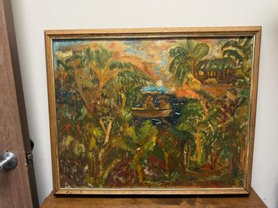 Amateur Framed Art: Oil on Canvas, 2 People in a Boat in the Jungle Tropics