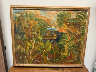 Amateur Framed Art: Oil on Canvas, 2 People in a Boat in the Jungle Tropics