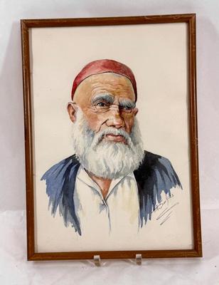Sale Photo Thumbnail #95: Original watercolor portrait of an elderly man wearing a red fez and traditional attire Middle Eastern attire.  Signed by the artist A. Soo Kiels. Style is similar to Iranian or Turkish portraits.  Good condition, approx. 14" x 10".