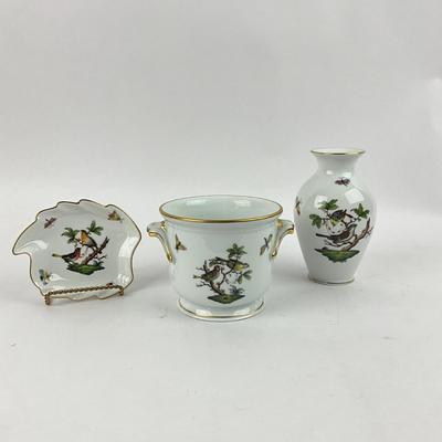 D277 Herend Rothschild Bird Vase, Pot Dish & Leaf Dish