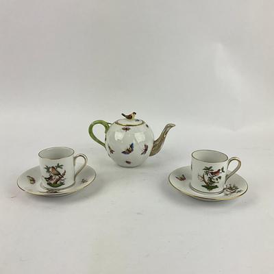 D278 Herend Rothschild Bird Small Teapot With Two Demitasse Cups With Matching Saucers