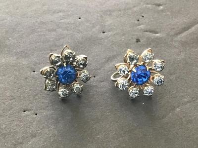 Vintage Blue Rhinestone Earrings. Screw back
